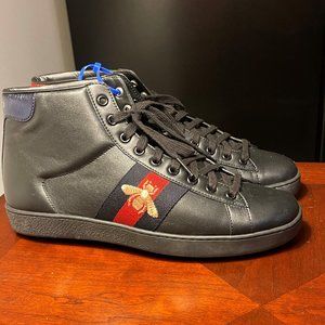 Gucci Ace Hi Top Bumble Bee Embroidered Black Leather Sneaker US 8